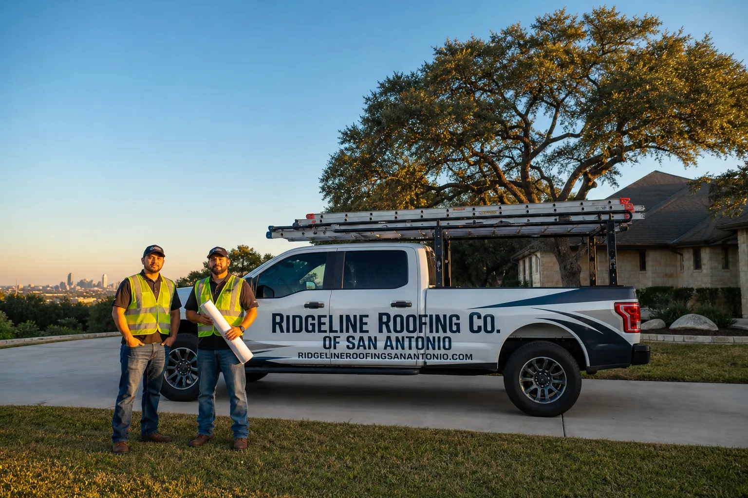 Ridgeline Roofing Co. of San Antonio roofing service vehicle and crew in San Antonio, TX